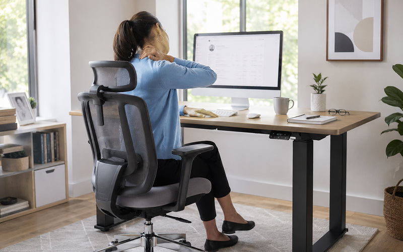 Person at desk touching neck while using computer.