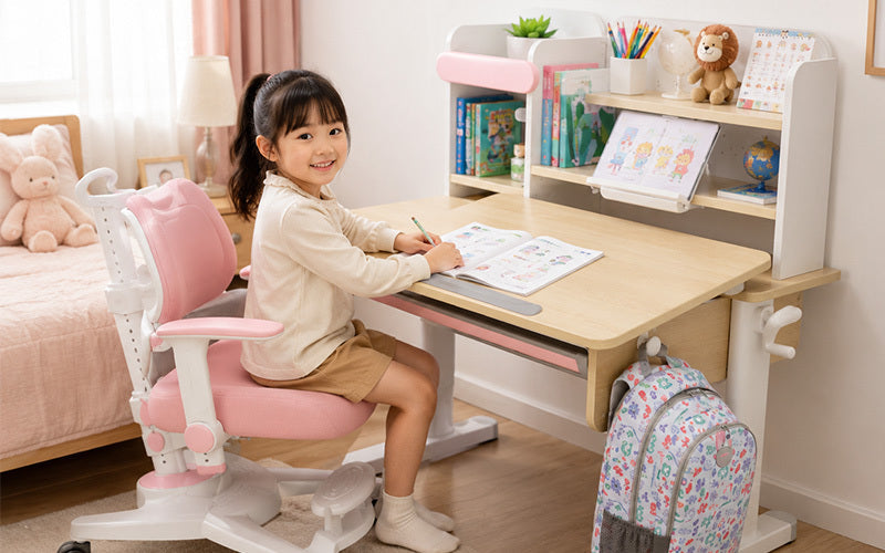 Young girl doing homework at an Ergoworks study desk.