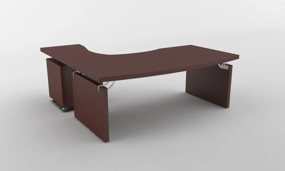 Modern wooden corner study table with curved design and storage drawers, ideal for maximising workspace