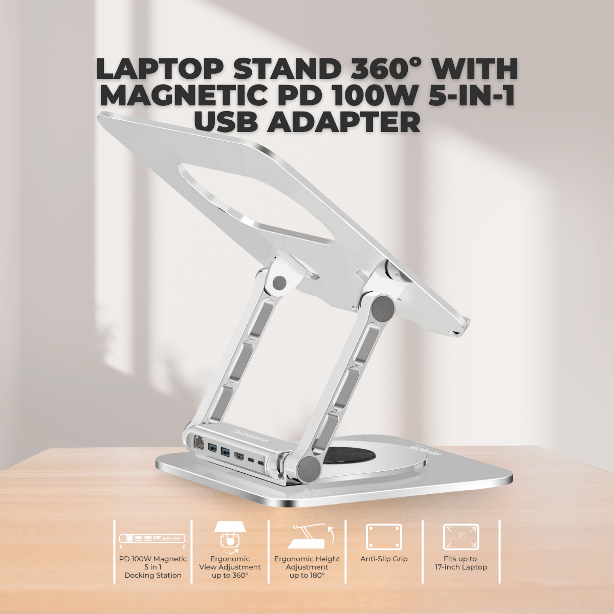 Laptop Stand 360º with Magnetic PD 100W 5-in-1 USB Adapter - Ergoworks