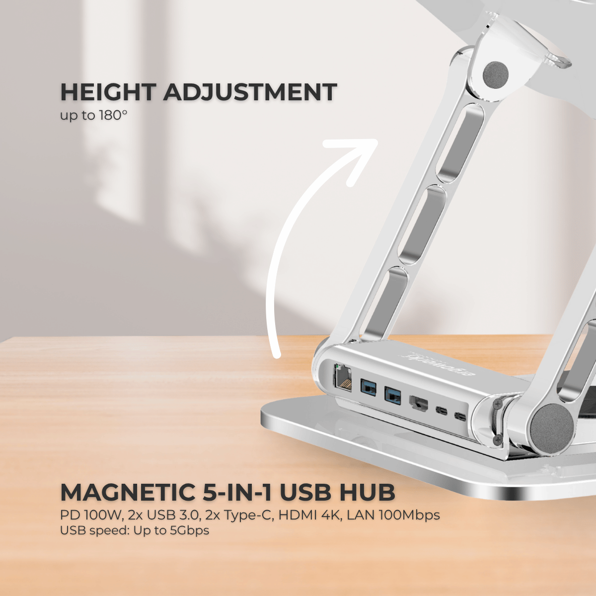 Laptop Stand 360º with Magnetic PD 100W 5-in-1 USB Adapter