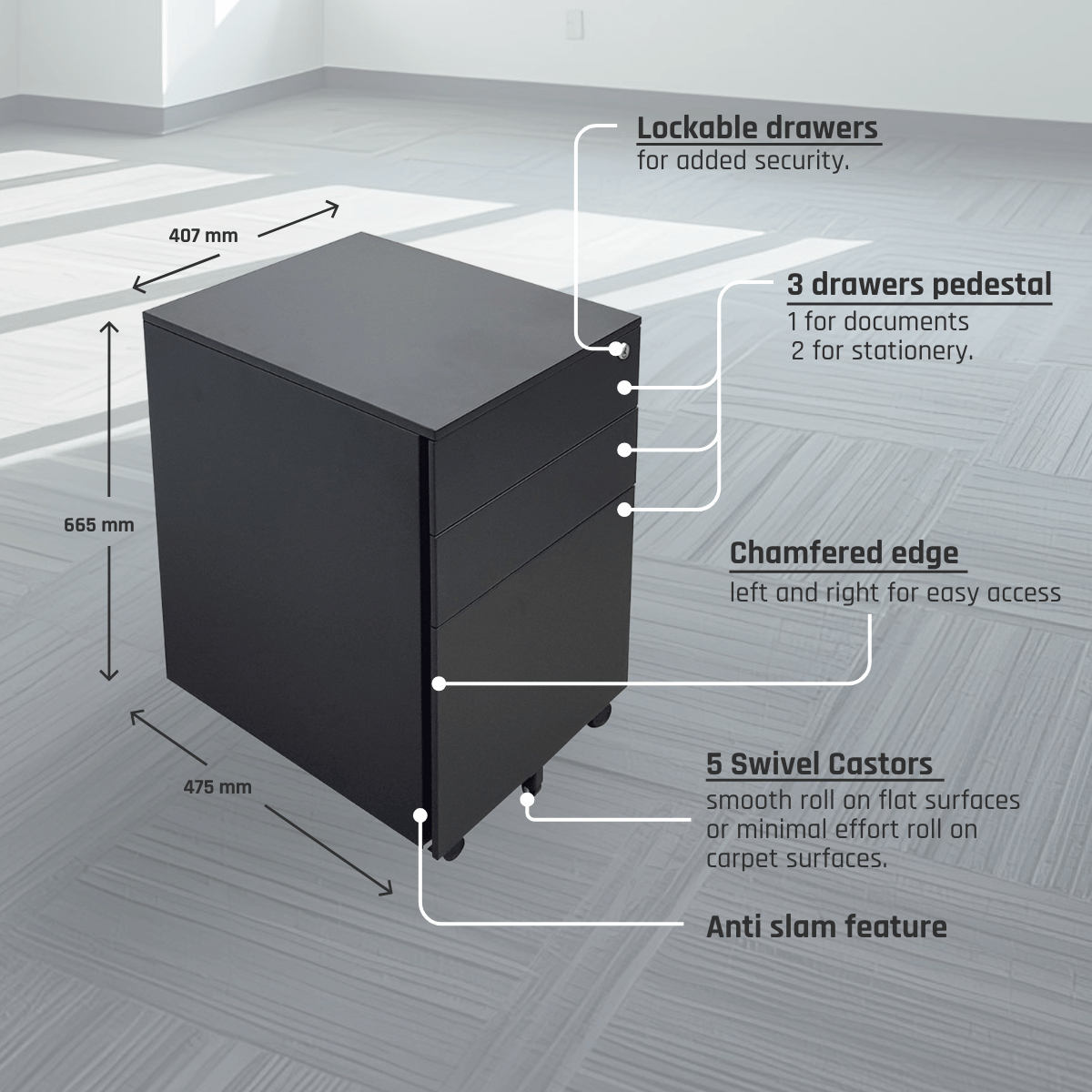 Ergoworks Under-Desk Accessories Mobile Pedestal Drawer with Lock and Castors Ergoworks