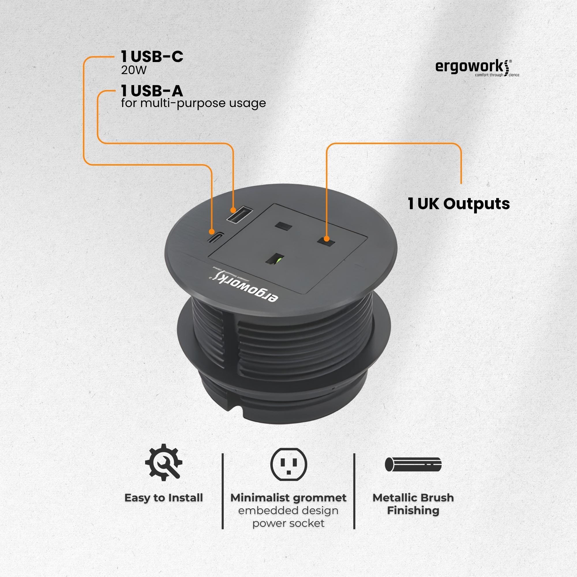 Alloy Round Desk Power Grommet UK Outlet 80mm - Ergoworks