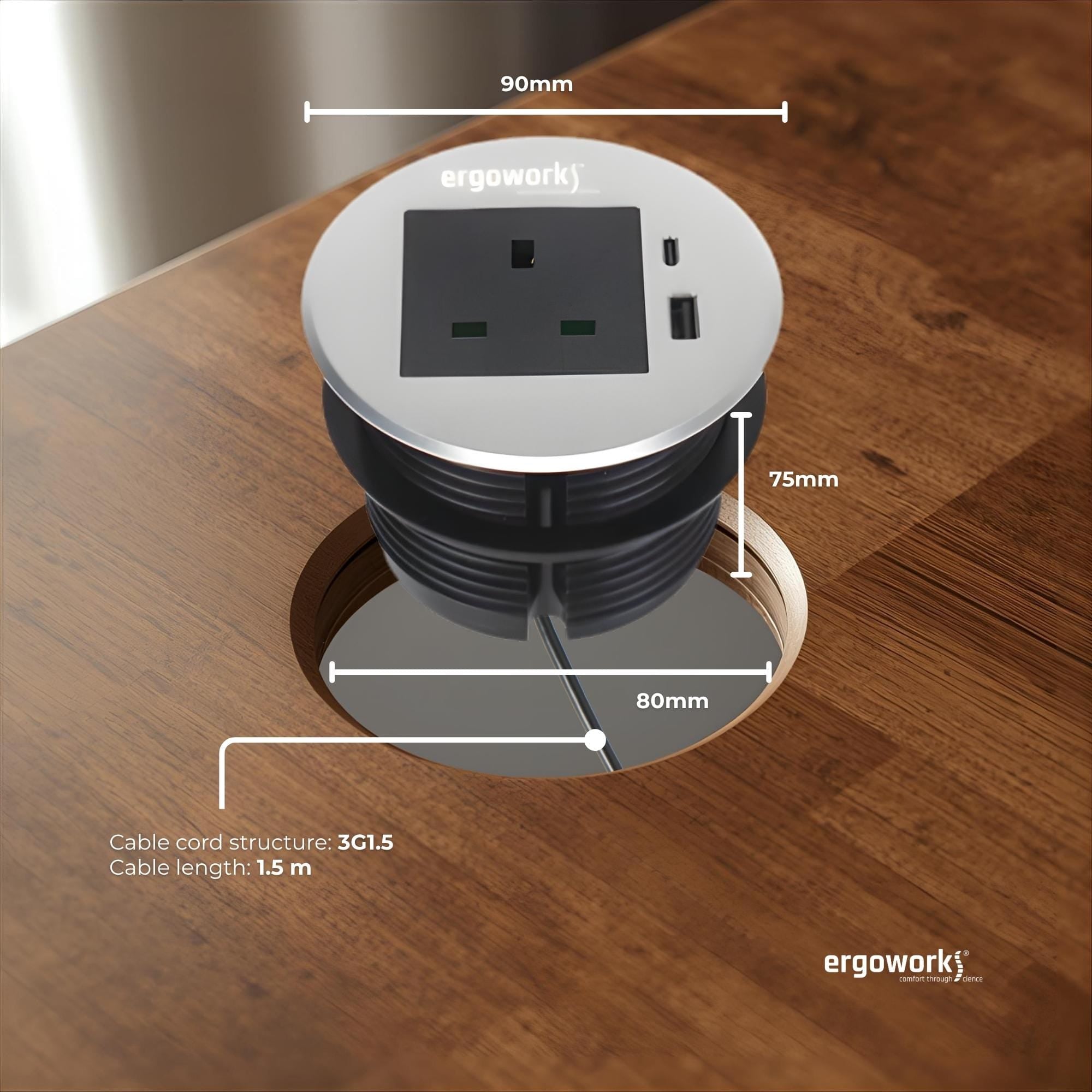 Alloy Round Desk Power Grommet UK Outlet 80mm - Ergoworks