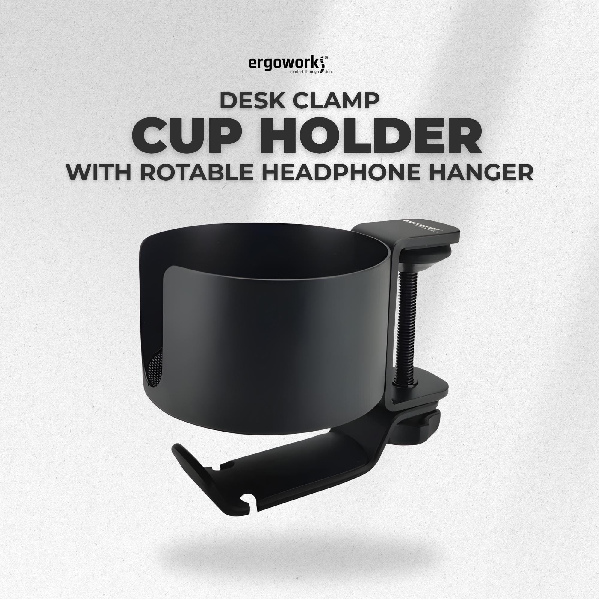 Desk Clamp Cup Holder with Rotable Headphone Hanger - Ergoworks