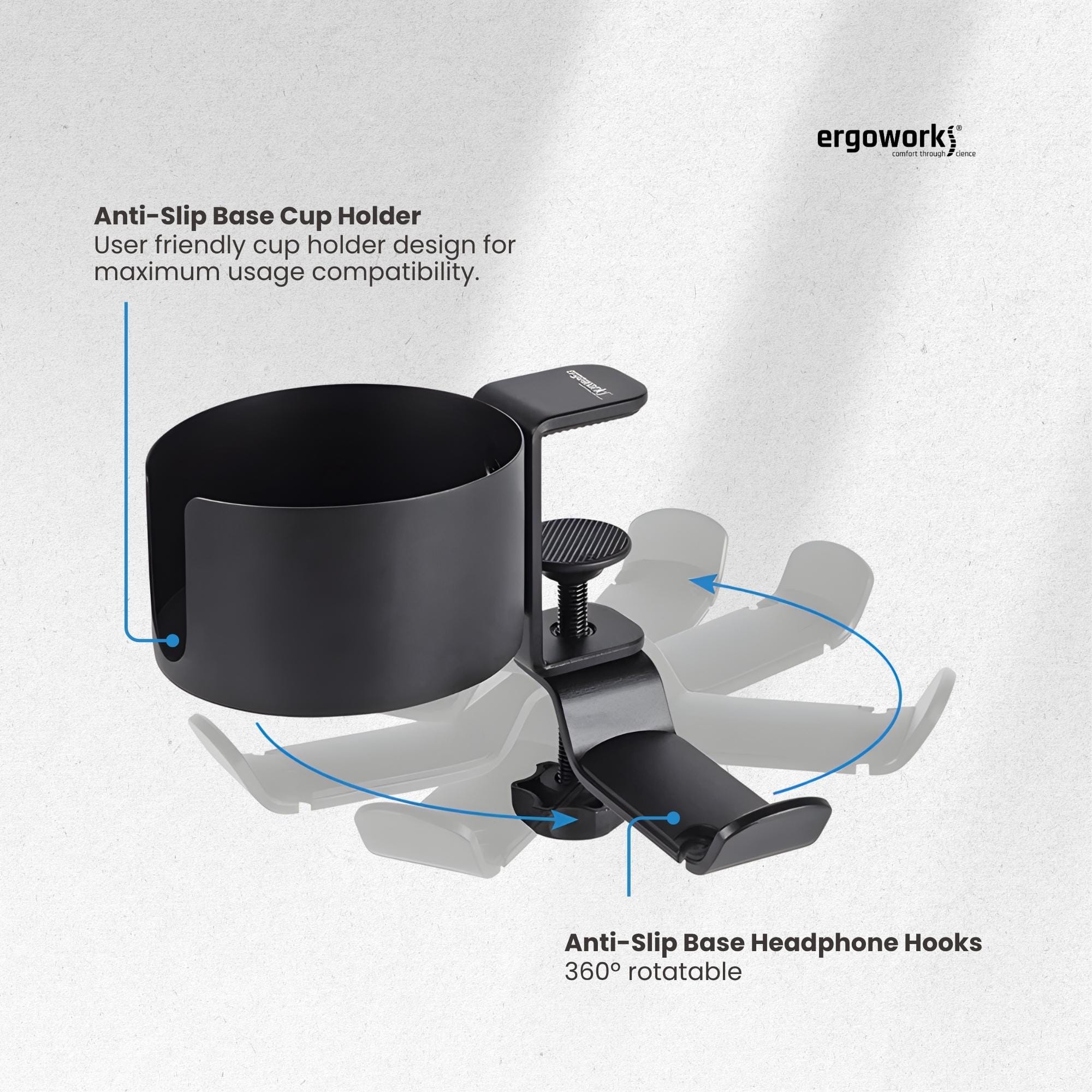 Desk Clamp Cup Holder with Rotable Headphone Hanger - Ergoworks