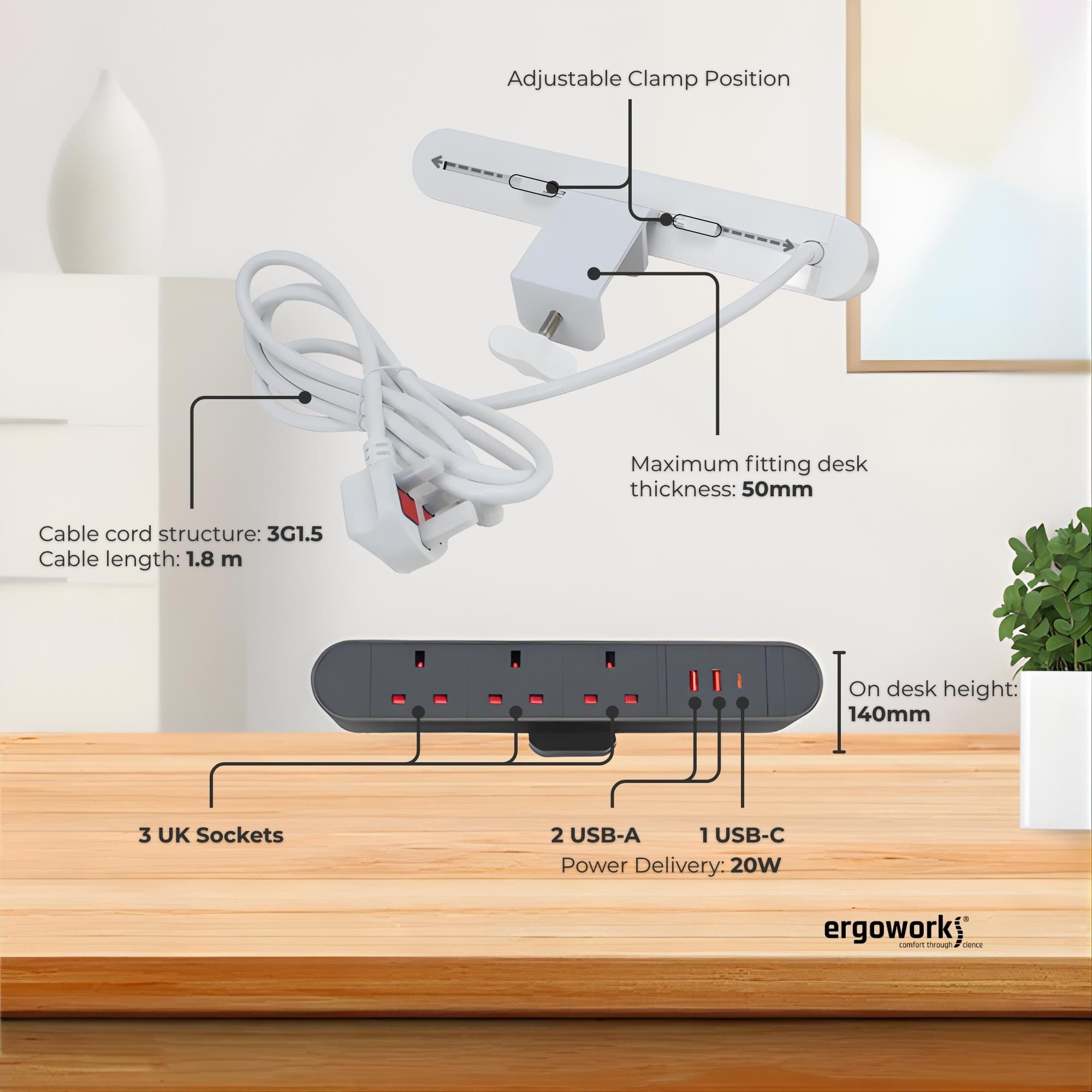 Desk Edge Clamp Power Socket - Ergoworks