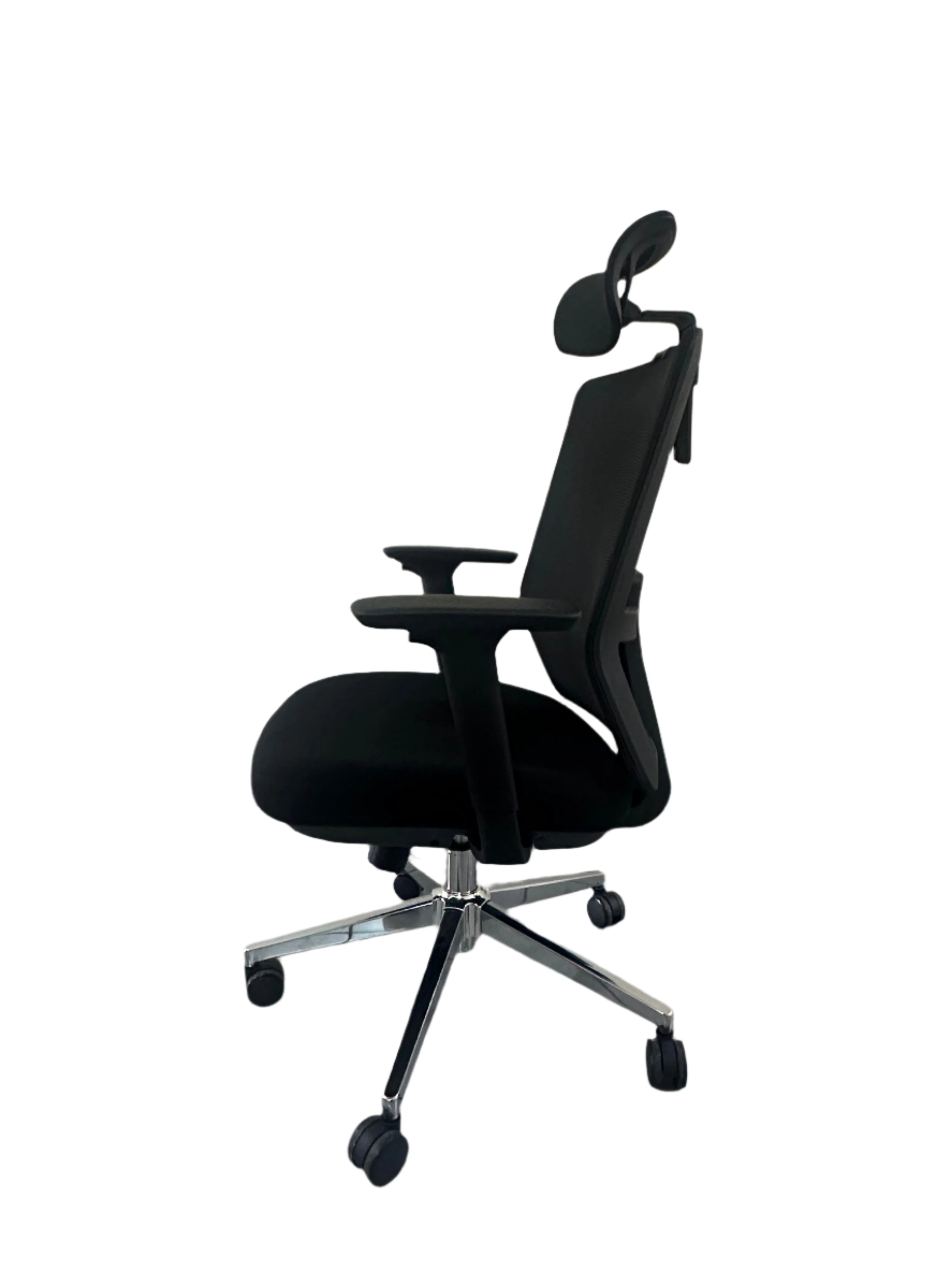 Black office chair with adjustable headrest on a tiled floor against a light-colored wall.