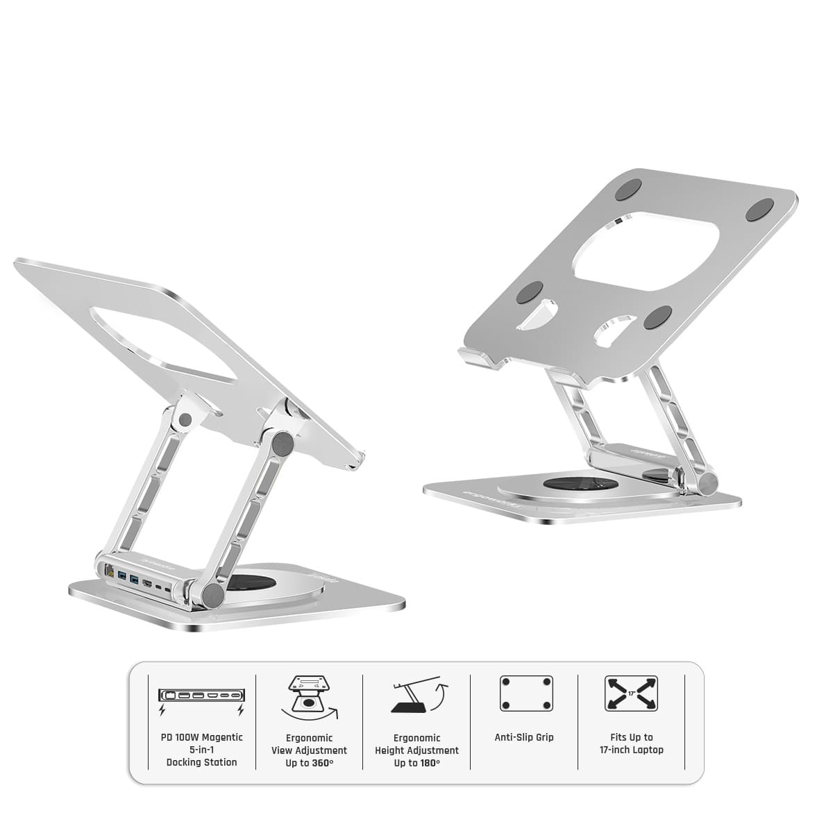 Ergoworks Laptop Stand Silver Laptop Stand 360º with Magnetic PD 100W 5-in-1 USB Adapter Ergoworks