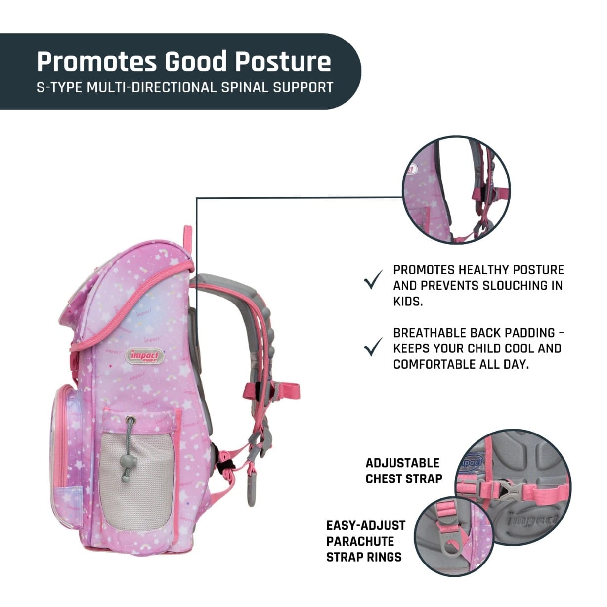 Impact School Bag Pink Impact Posture Correction Ergonomic Backpack, IM-00707 Ergoworks