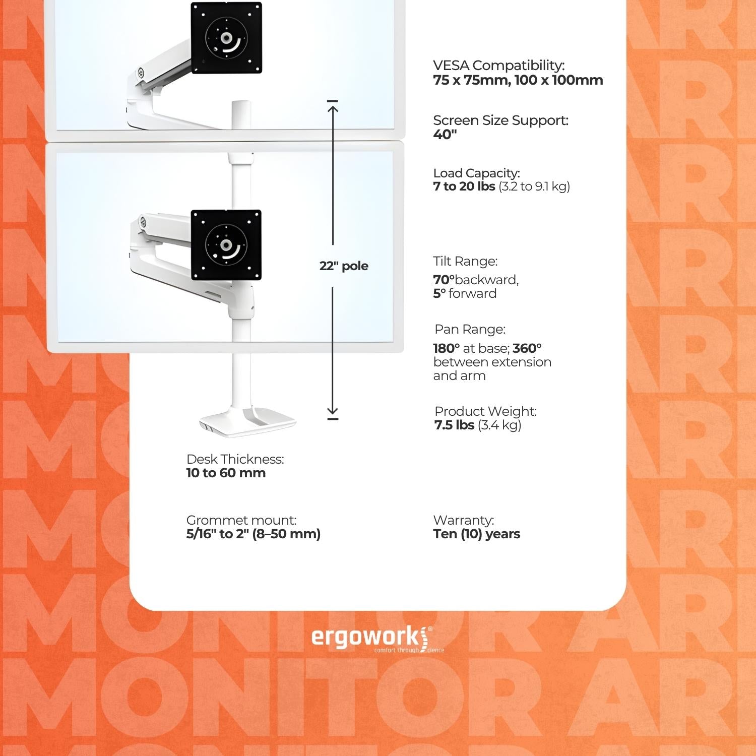 LX Dual Stacking Monitor Arm, Tall Pole (white)