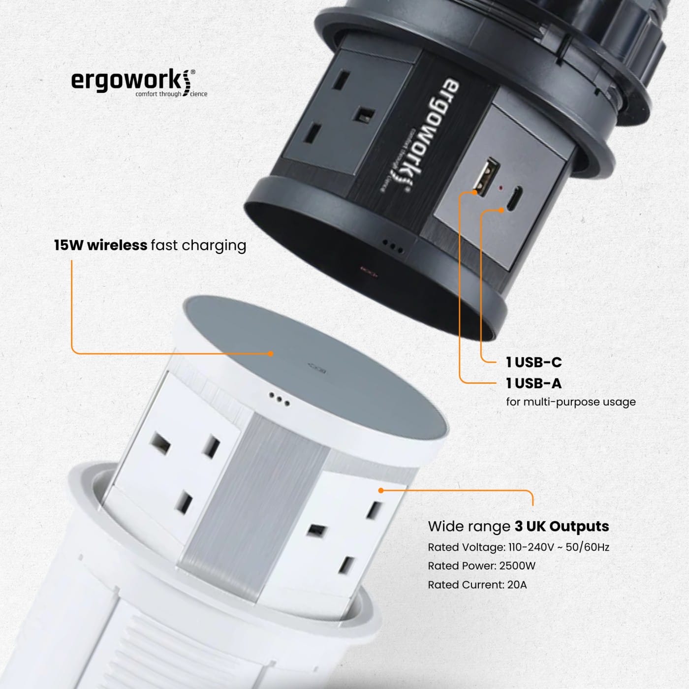 Pneumatic Desk Grommet Pop Up Power Outlet With 15W Wireless Charger - Ergoworks