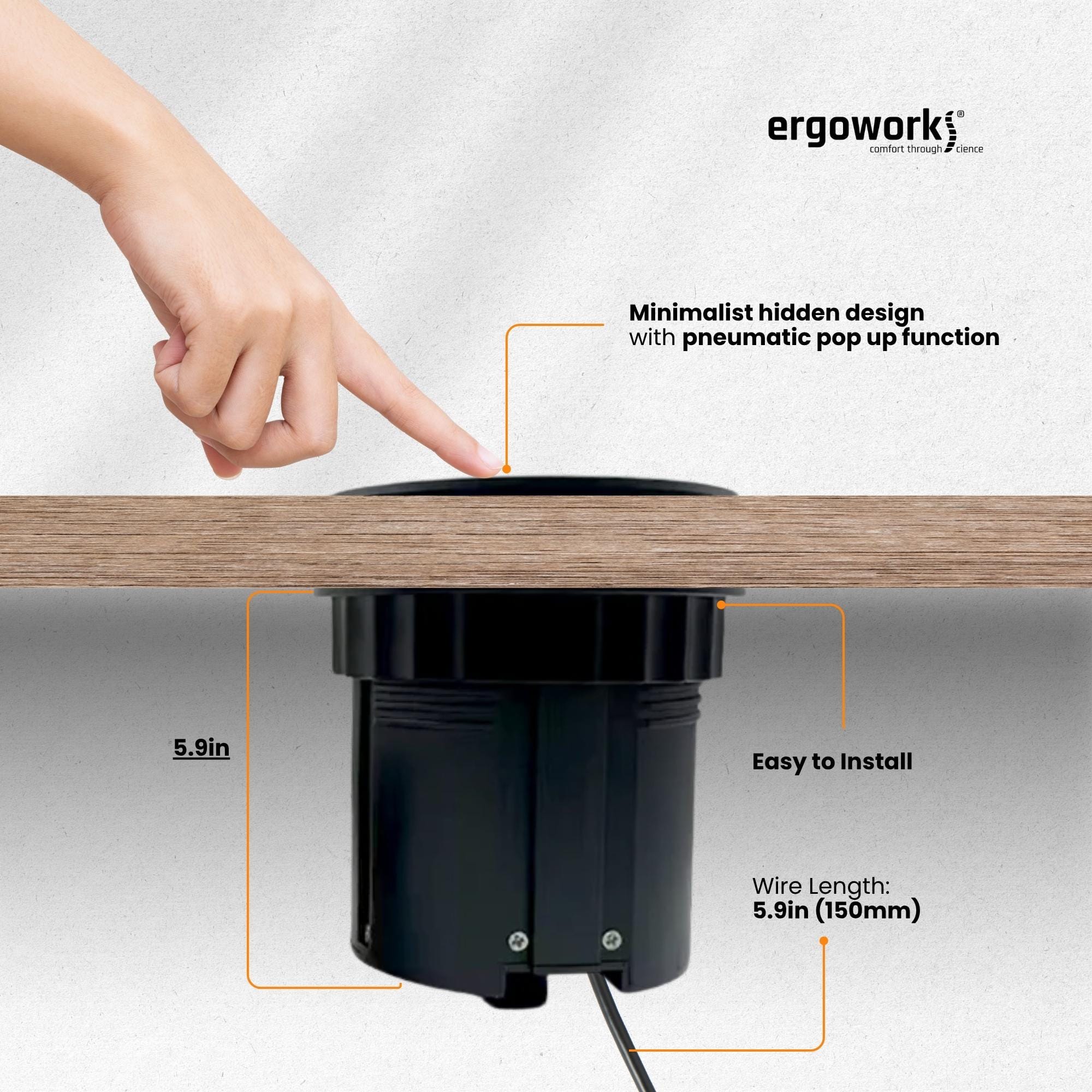Ergoworks Power Outlets & Sockets Pneumatic Desk Grommet Pop Up Power Outlet With 15W Wireless Charger Ergoworks