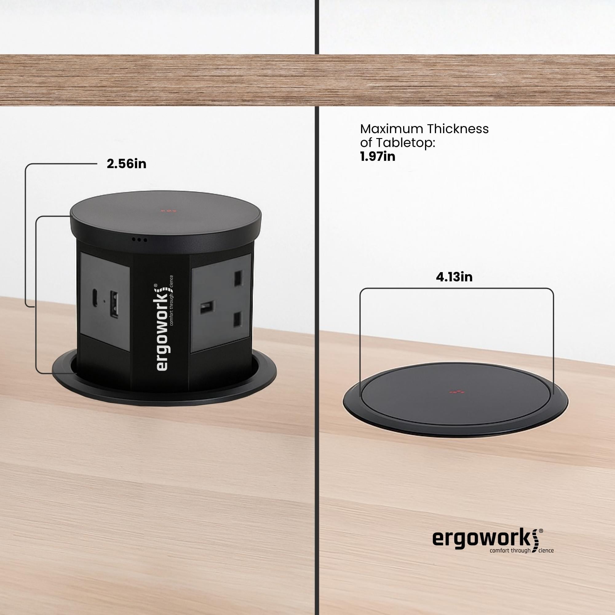 Ergoworks Power Outlets & Sockets Pneumatic Desk Grommet Pop Up Power Outlet With 15W Wireless Charger Ergoworks