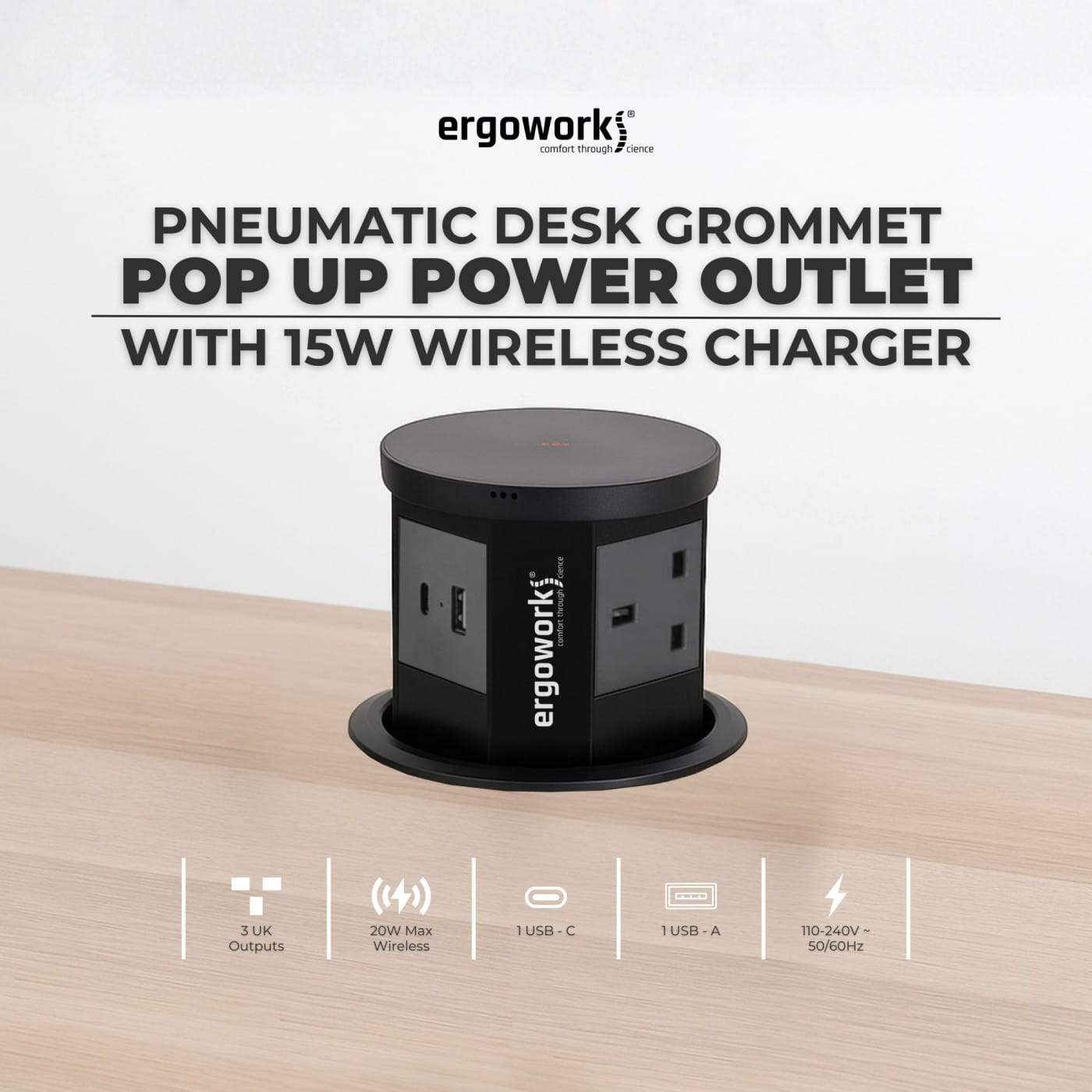 Pneumatic Desk Grommet Pop Up Power Outlet With 15W Wireless Charger - Ergoworks