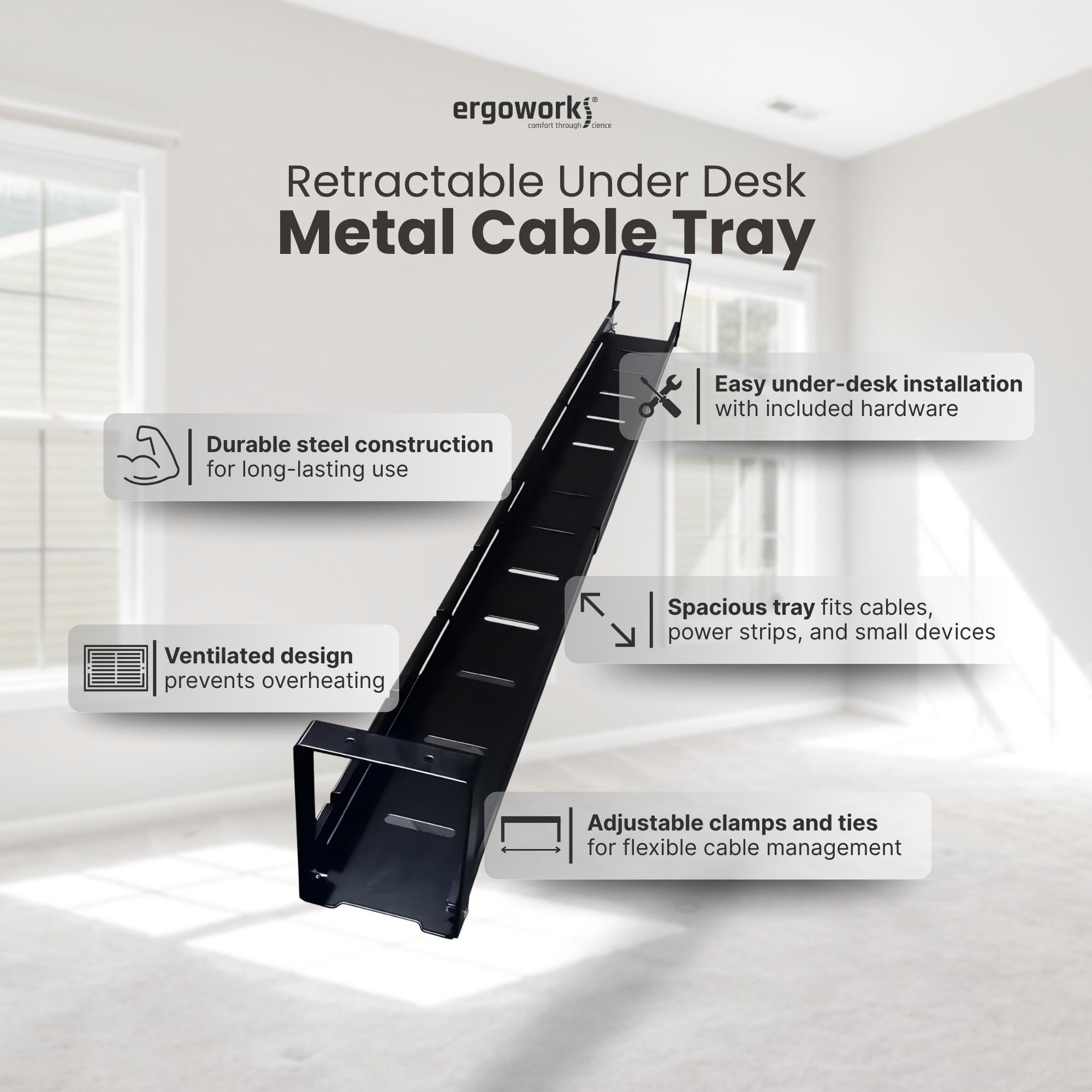 Retractable Under Desk Desk Metal Cable Tray - Ergoworks