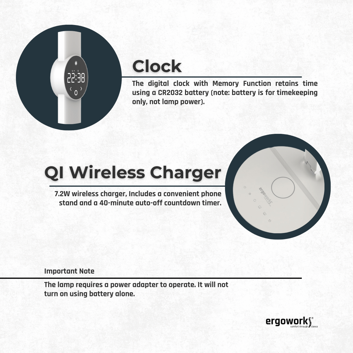 Ergo Eye Care Led Desk Lamp with Qi Charger & Digital Clock - Ergoworks