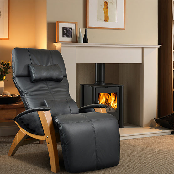 ERGOWORKS - EWZG6000-HWBK - Zero Gravity Massage Recliner Chair (Black Genuine Leather with Honey Wood Frame)