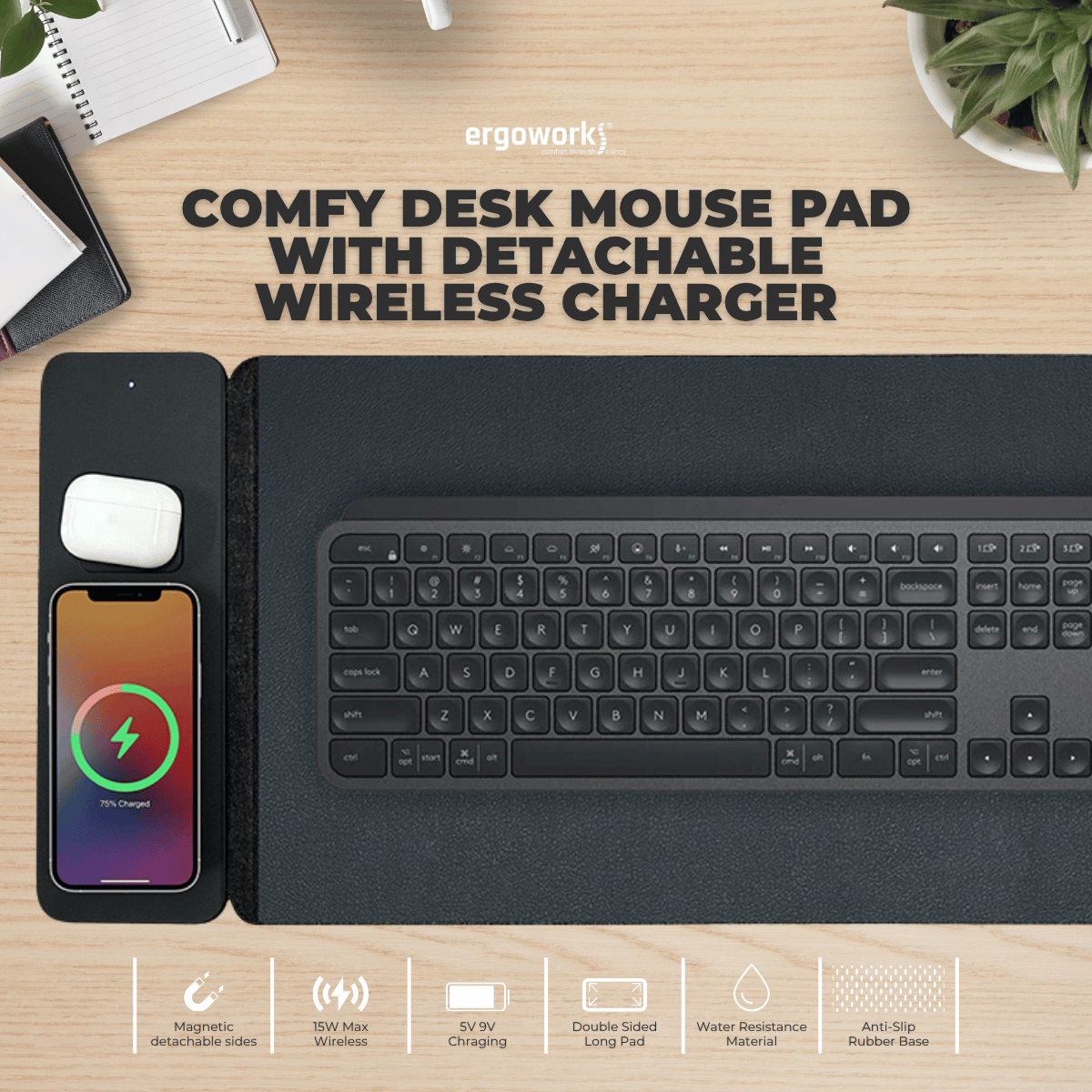 Comfy Desk Mouse Pad With Detachable Wireless Charger