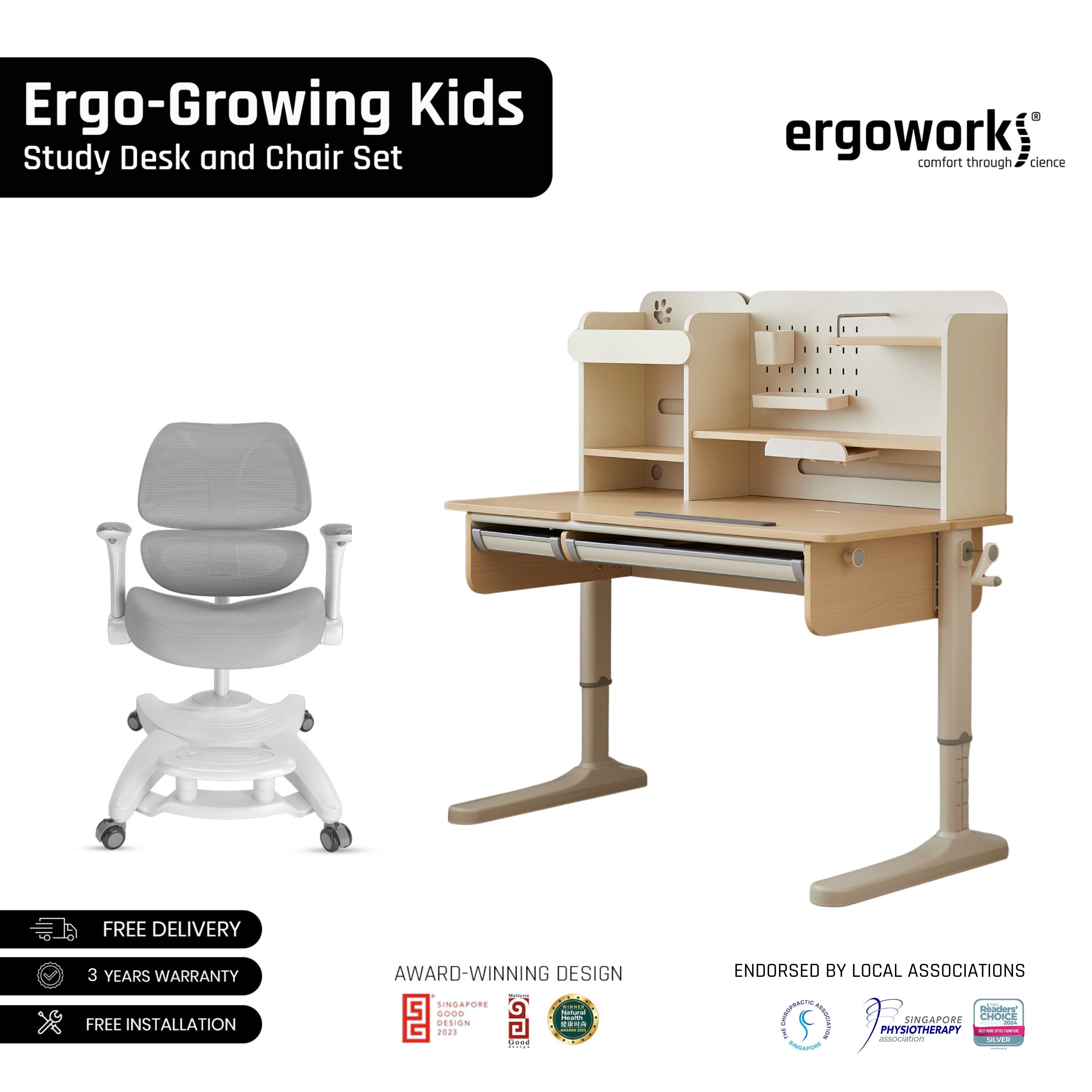 Impact Ergonomic Kids Desk & Chair [FREE Spindle bookshelf & Eye Care Lamp Worth $318.90] [Chair & Length Options Available]