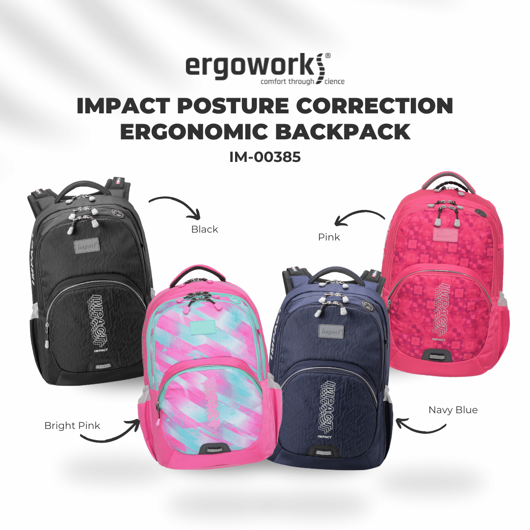 Ergonomic backpacks in black, pink, bright pink, and navy blue with Ergowork branding.