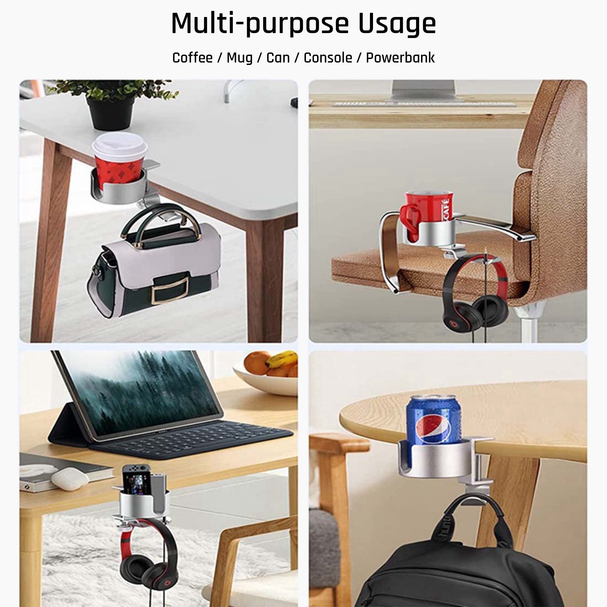 Desk Clamp Cup Holder with Rotable Headphone Hanger