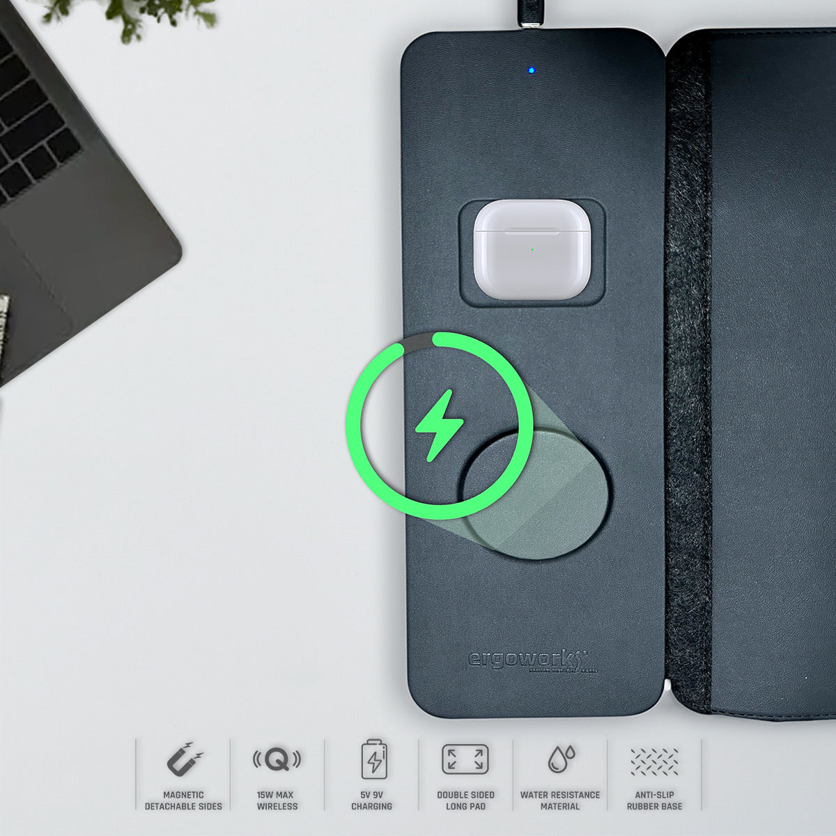 Ergoworks Comfy Desk Mat, Mouse Pad With Detachable Wireless Charging Pad