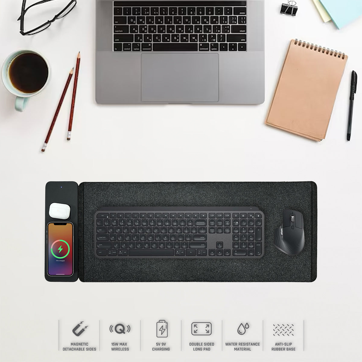 Ergoworks Comfy Desk Mat, Mouse Pad With Detachable Wireless Charging Pad