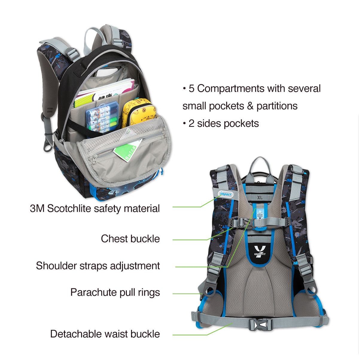 School backpack with clearance chest and waist strap