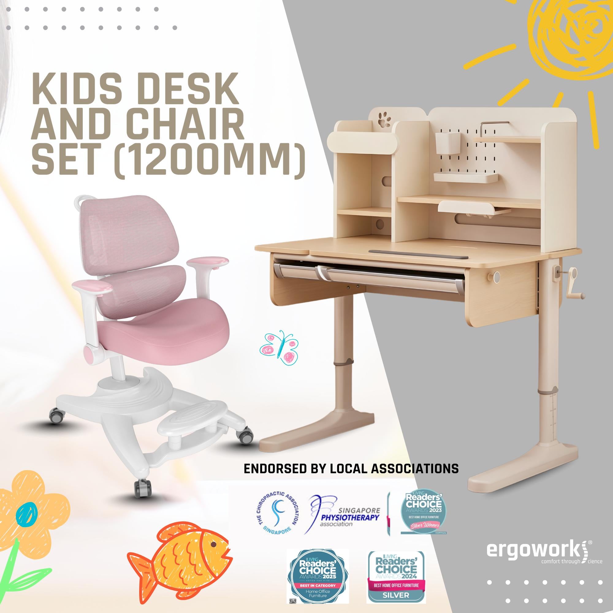 Impact Ergonomic Kids Desk & Chair [FREE Spindle bookshelf & Eye Care Lamp Worth $318.90] [Chair & Length Options Available]
