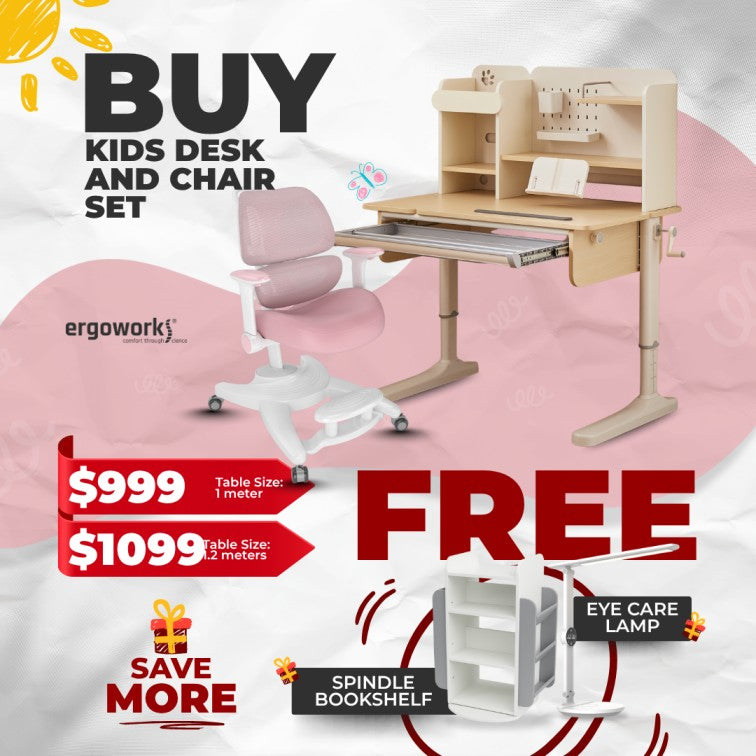 Impact Ergonomic Kids Desk & Chair [FREE Spindle bookshelf & Eye Care Lamp Worth $318.90] [Chair & Length Options Available]