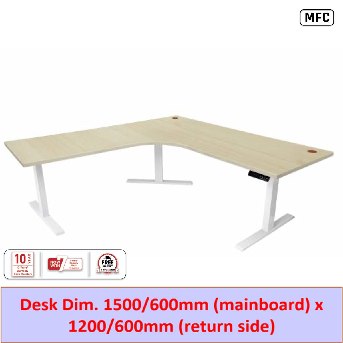 L-Shaped Height Adjustable Electric Desk with MFC Tabletop (1500/600 x 1200/600)