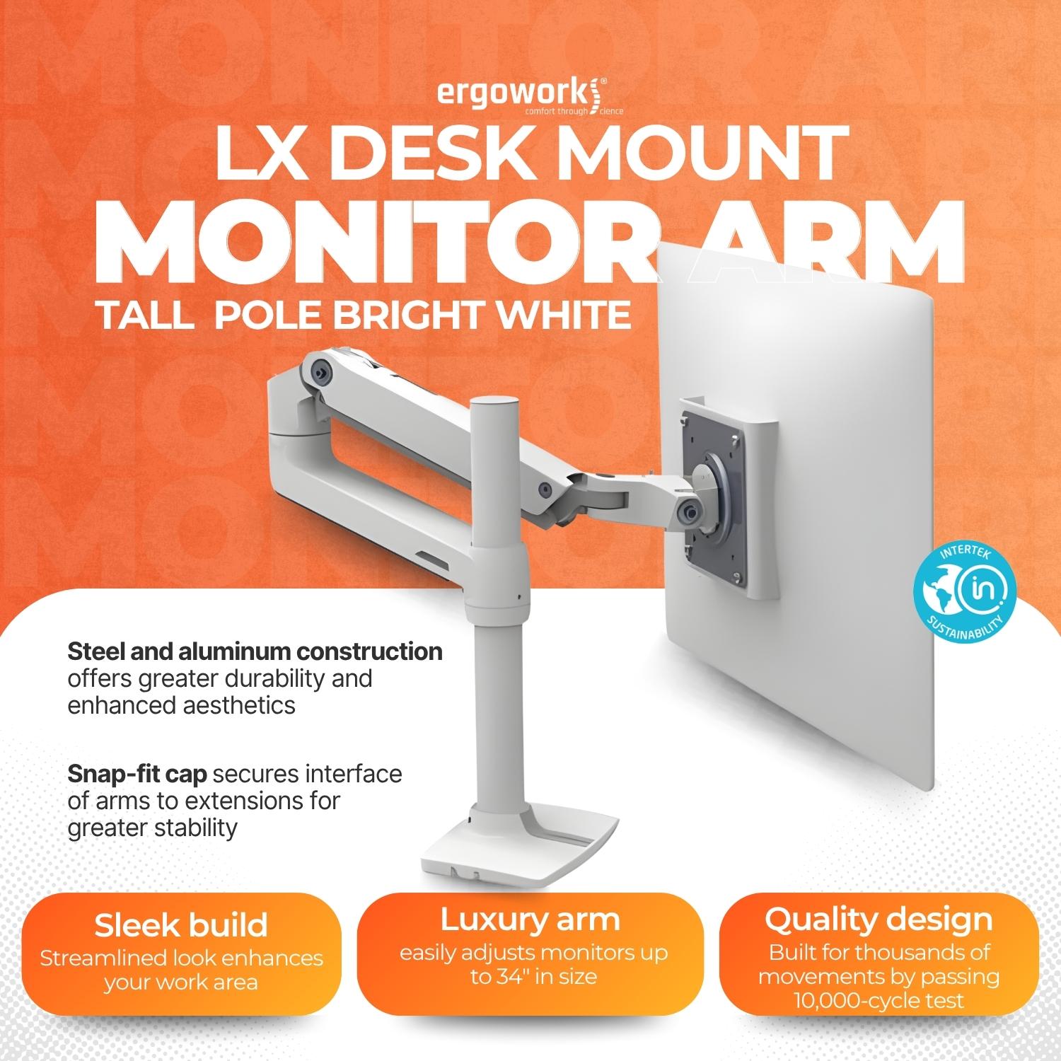 LX Desk Mount Monitor Arm, Tall Pole, Bright White Texture