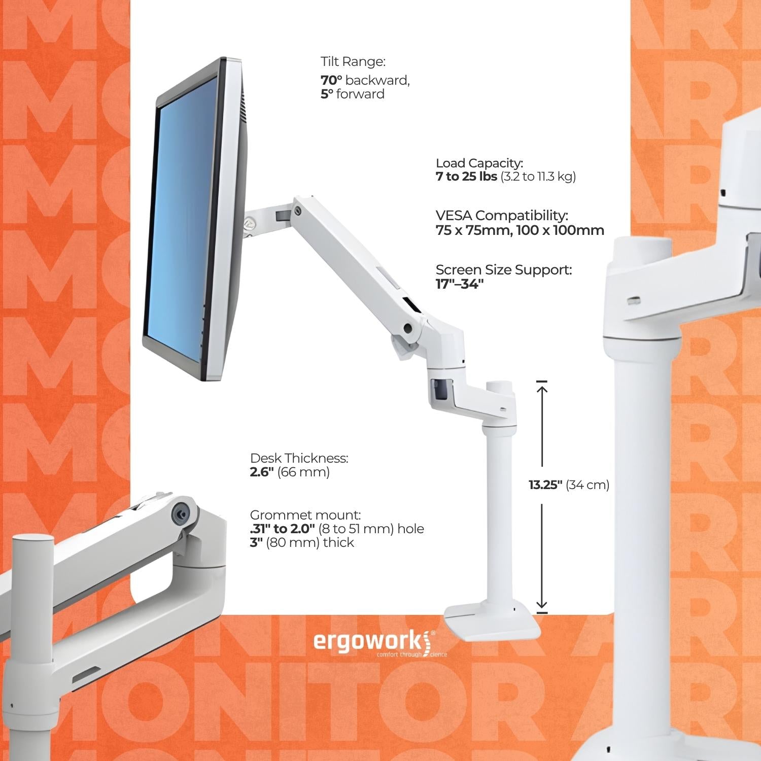 LX Desk Mount Monitor Arm, Tall Pole, Bright White Texture