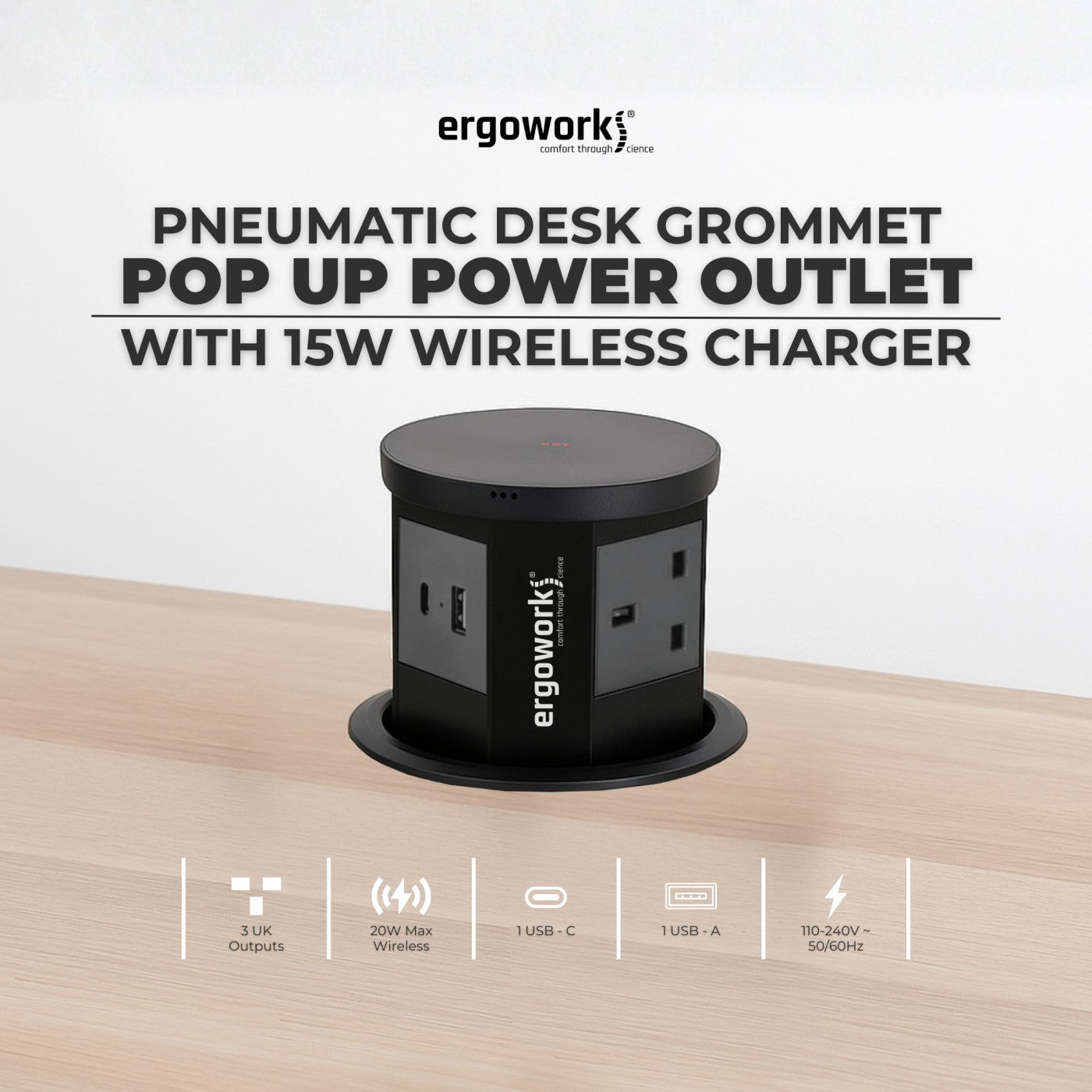 Pneumatic Desk Grommet Pop Up Power Outlet With 15W Wireless Charger