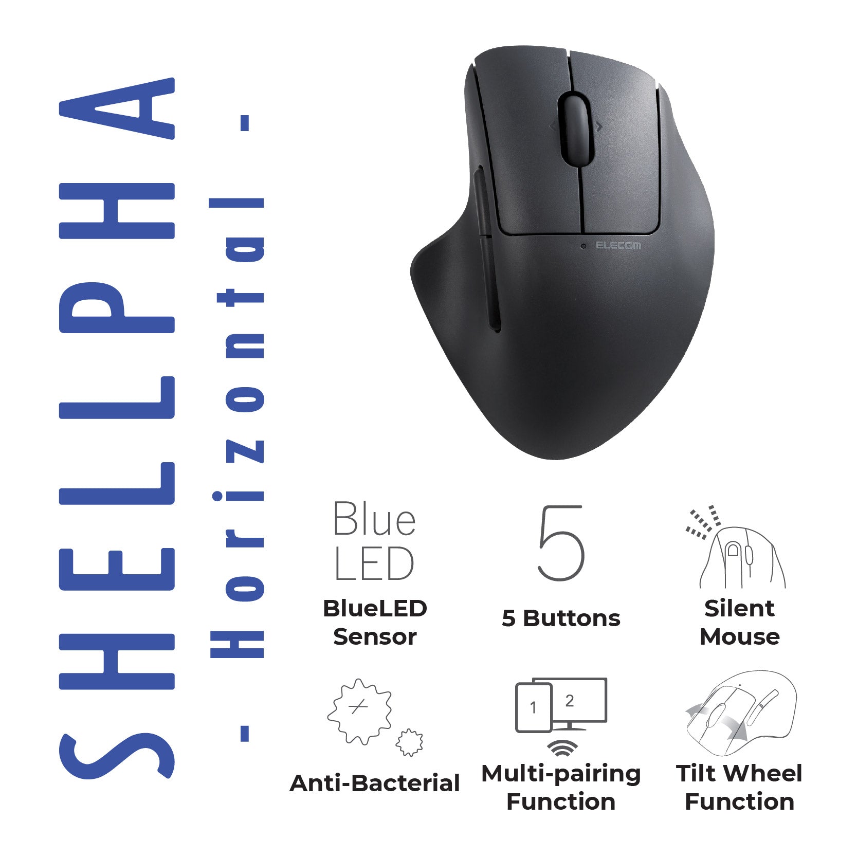 ELECOM SHELLPHA Bluetooth Mouse With Silent Click Anti-Bacterial Blue LED