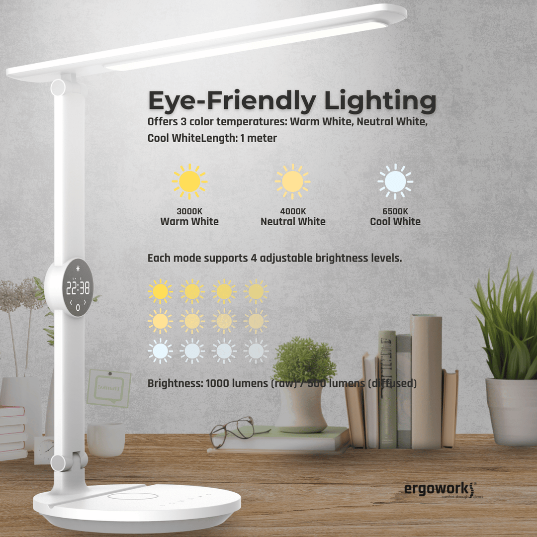 Ergo Eye Care Led Desk Lamp with Qi Charger & Digital Clock - Ergoworks 