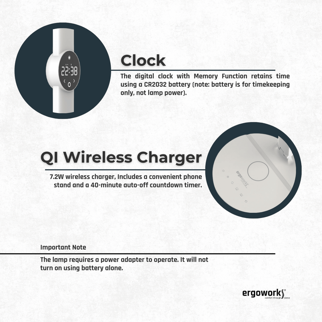 Ergo Eye Care Led Desk Lamp with Qi Charger & Digital Clock - Ergoworks 