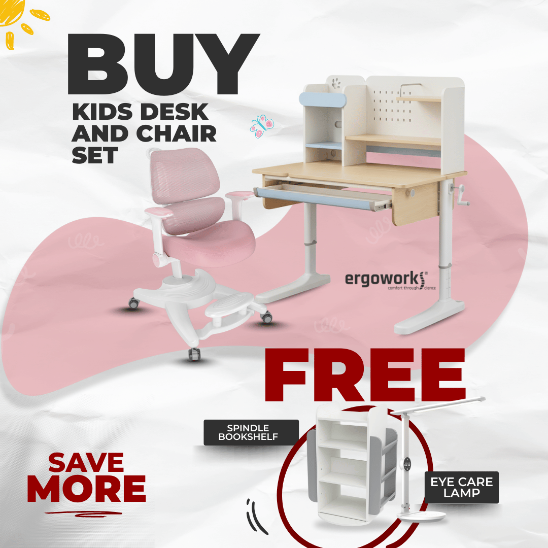 Impact Ergonomic Kids Desk & Chair Set [FREE Spindle bookshelf & Eye Care Lamp Worth $318.90] [Chair & Length Options Available]